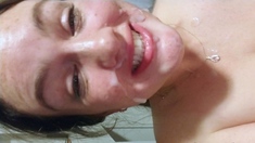 Dark haired amateur blowjob and handjob in fake taxi