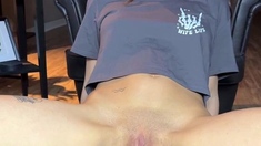 Skinny teen brunette masturbating with toy