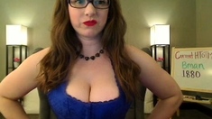 Busty curly brunette with big boobs fucks on couch