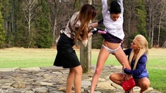 Blond granny has threesome outdoors