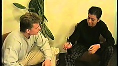 Asian frat boy gets lucky with a hunky blonde guy and the cum flies