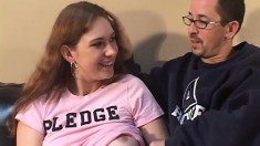 Horny college babe puts her dirty mouth to work on some man meat