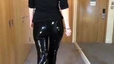 Sexy Latex Liquid Leggings with Red Stilettos Fetish